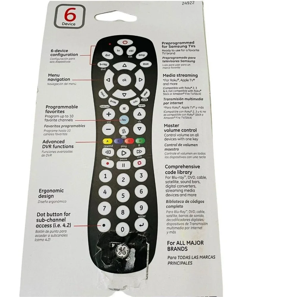 GE 34459 6 Device Universal Remote Control Black Replacement NEW